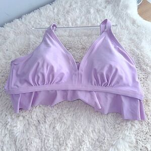 Lavender ruffle bikini top with strong adjustable straps. Gold hardware.